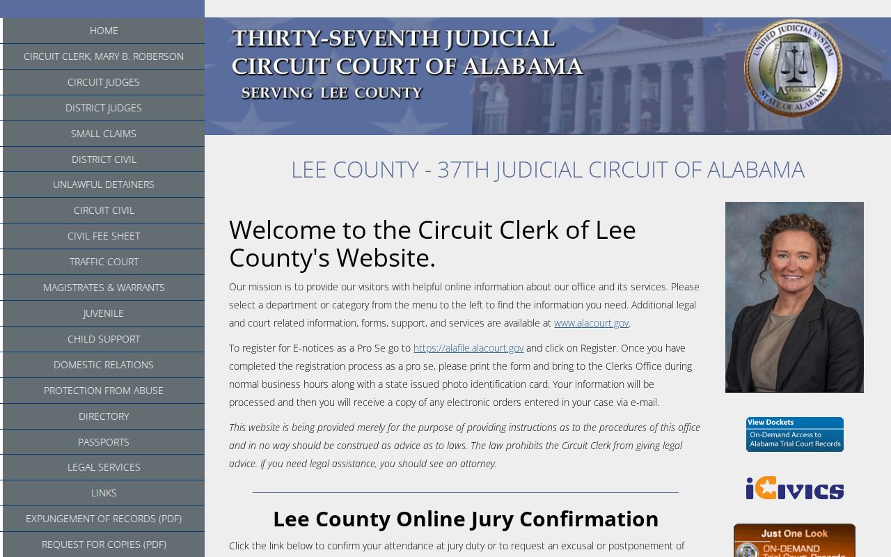 Lee County court docket clerk office and T.K. Davis Justice Center