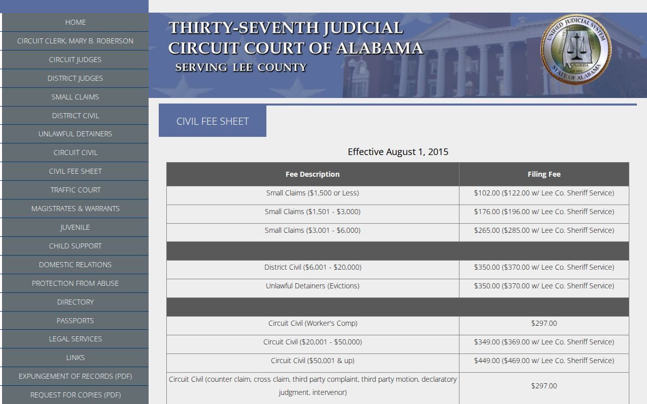 Lee County civil court docket official filing fee sheet