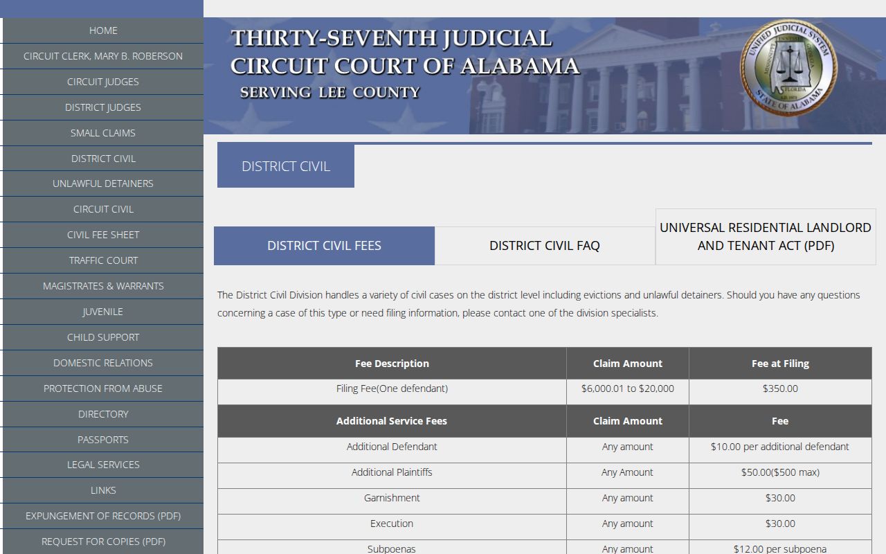 Lee County civil court docket District Civil information