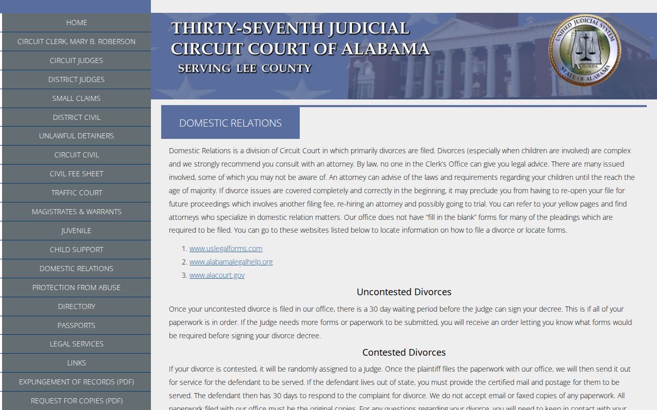 Lee County civil court docket domestic relations division