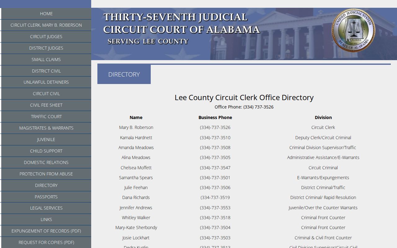 Lee County court calendar division contact directory